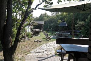 塔尔诺夫斯凯古雷VillaMirage的一个带长凳和遮阳伞的花园