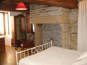 Pluherlin奥伯格圣海宁宾馆的卧室配有石制壁炉,毗邻一张床