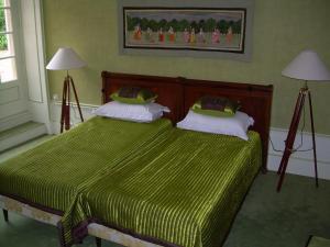 Ville-sur-Jarnioux拉希波特住宿加早餐旅馆的一间卧室配有一张带两盏灯的绿床。
