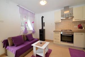 VranaApartment Hrasta的一间带紫色沙发的客厅和一间厨房
