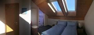 欧博斯尚Hotel BZ Sunnahof的一间卧室配有一张带蓝色床单的床和一扇窗户。