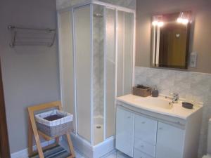 Saint-MartinChambres d'hôtes "Au Val Séjour"的浴室配有盥洗盆和带镜子的淋浴