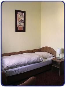 巴特维尔东根霍尔兹豪尔酒店的一间卧室配有一张床和一张带台灯的桌子
