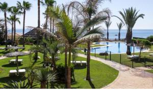 EsteponaCN-340 Suites的享有带游泳池和棕榈树的度假村的景致