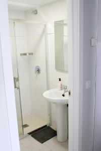 洛格罗尼奥Apartamentos Logroño Centro的白色的浴室设有水槽和淋浴。