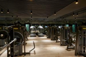 哥本哈根尼布酒店的健身房,配有一排跑步机和机器