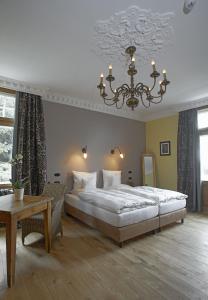 雷姆沙伊德Hotel 1782 - Contactless self check-in的一间卧室配有一张大床和一个吊灯。