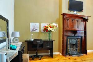 丹地Tranquil Guest House的客房设有书桌、壁炉和电视。