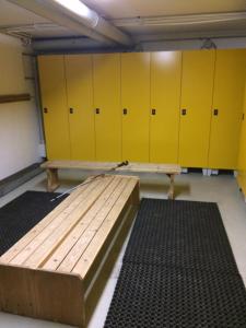 格绍Dachstein Mountainview Gosau的一间更衣室,配有黄色储物柜和木制长凳
