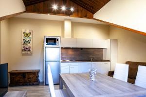 毕斯卡斯Apartamentos Casa Ríos的厨房配有木桌和冰箱。