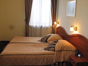 克雷尼察斯奥酒店的一间卧室配有一张带木制床头板的床和窗户。