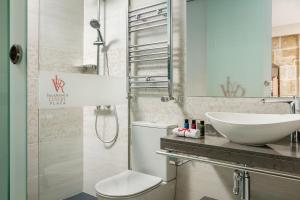 萨拉曼卡Salamanca Luxury Plaza的一间带水槽、卫生间和镜子的浴室