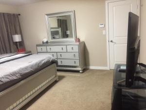 温尼伯Beautiful and Safe Home的一间卧室配有一张床和一个带镜子的梳妆台
