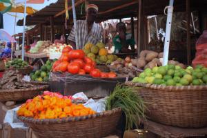 BrufutDabo House的展示水果和蔬菜篮的市场