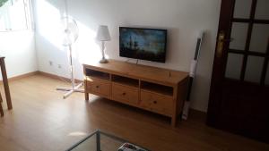 巴利亚多利德Apartamento TISARE wifi的木质娱乐中心设有带平面电视的客厅。