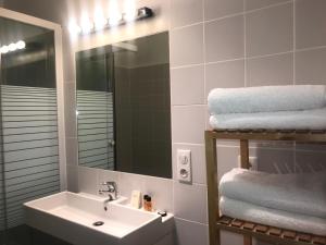 圣加尔米耶Maison Ladeveze的浴室配有盥洗盆、镜子和毛巾