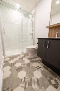 魁北克市Aux Havres Urbains - Le Penthouse de la 3ième Avenue的一间带卫生间和玻璃淋浴间的浴室