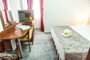 锡比乌锡比乌公园酒店的酒店客房设有一张桌子、一张床和一台电脑