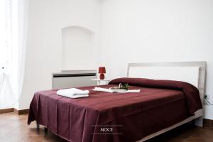 科拉托Tenuta Vigna del Noce的一张带红色毯子的床和一张带台灯的桌子