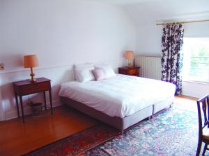 布鲁塞尔Louise Chatelain suites的一间卧室设有床、两张桌子和一扇窗户