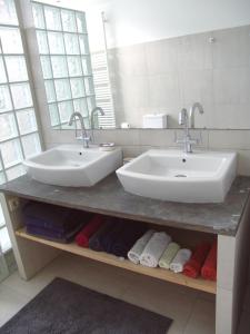 布鲁塞尔Louise Chatelain suites的浴室在带毛巾的柜台上设有两个水槽