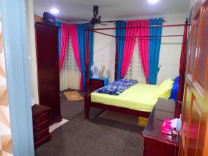 巴佐RizQin Homestay Bachok的一间卧室配有一张带红色和蓝色窗帘的天蓬床