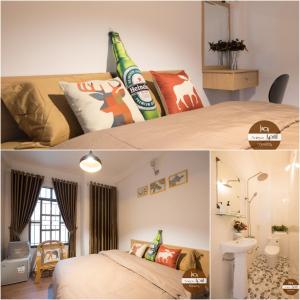 胡志明市西贡四月旅馆的卧室两张照片,配有一张床