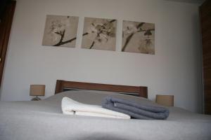 迪耶方塔勒B&B bio的一张墙上有三张照片的床和毛巾