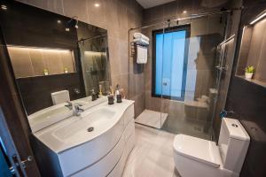 梅利哈Artist Terrace Apartments的一间带水槽、卫生间和淋浴的浴室