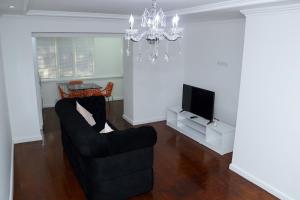 撒马尔罕Apartment on Registon Kochasi的客厅配有黑色沙发和电视
