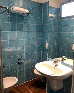 里米尼普林西DI皮埃蒙特酒店的蓝色瓷砖浴室设有水槽和卫生间
