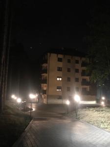 兹拉蒂博尔Zlatibor apartmani Jakovljevic的一座建筑在晚上,前面有灯
