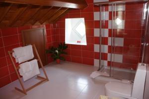 波瓦桑金塔亚特兰蒂斯住宿加早餐旅馆的红色瓷砖浴室设有淋浴和卫生间。