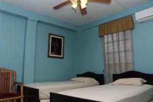 Puerto ArmuellesHostel Guayacan的蓝色客房配有两张床和吊扇。