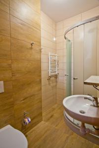 什恰夫尼察Schronisko PTTK Orlica的浴室配有卫生间、盥洗盆和淋浴。