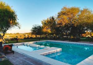 圣佩德罗卡巴纳贝克度假屋的一座位于庭院内的游泳池,庭院内种有树木