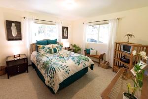 沃尔卡诺'Ama'u Lani Cottage的一间卧室配有一张带蓝色和绿色枕头的床