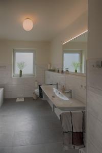 上施陶芬FeWo "Staufen Lodge" Oberstaufen的一间带水槽和镜子的大浴室