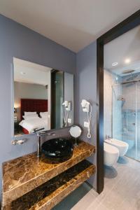 地拉那Hotel Egnatia的一间带水槽和镜子的浴室以及一张床