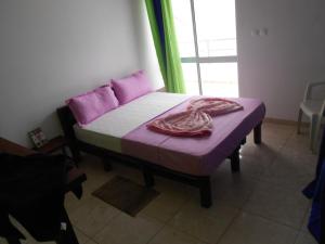 PintoGuest House Frontera的一间卧室配有一张带紫色床单的床和窗户。