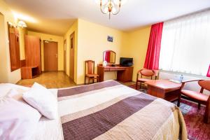 华沙瓦尔德酒店的配有一张床和一张书桌的酒店客房