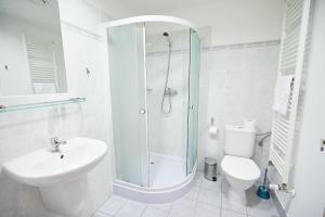 布拉格大学旅舍的带淋浴、卫生间和盥洗盆的浴室