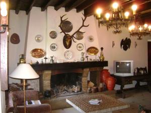 CasoHotel Rural La Lastra的客厅设有壁炉和墙上的盘子