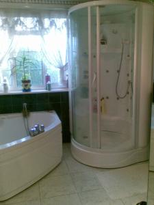 水晶宫Comfy Room Well Located的带淋浴、浴缸和盥洗盆的浴室