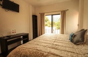 迪坡斯特兰Posada Hacienda Real的一间卧室配有一张床、一台电视和一个窗口