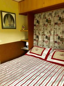 阿尔卑斯休斯山Camera Alpe di Siusi的一间卧室配有一张带红色床单和窗帘的床