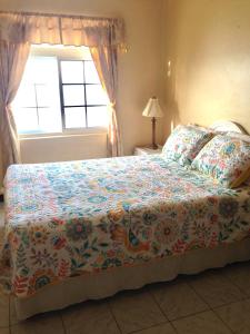 BoscobelOcean Edge Villa的一间卧室配有一张带鲜花毯子的床和窗户。