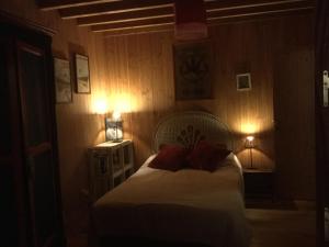 雷日卡普费雷la maison face au port的一间卧室配有一张带两个红色枕头的床