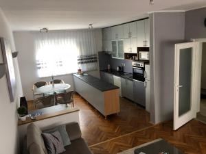 奥西耶克Apartman Korzo Osijek的厨房以及带桌子的客厅。