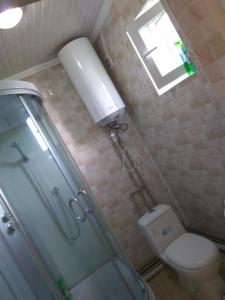比什凯克Talants Guest House的带淋浴和卫生间的浴室以及窗户。